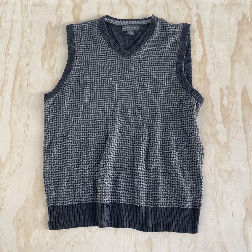 Tricots St. Raphael‎ Sweater Vest Mens Medium Gray Check V Neck Knit Acrylic